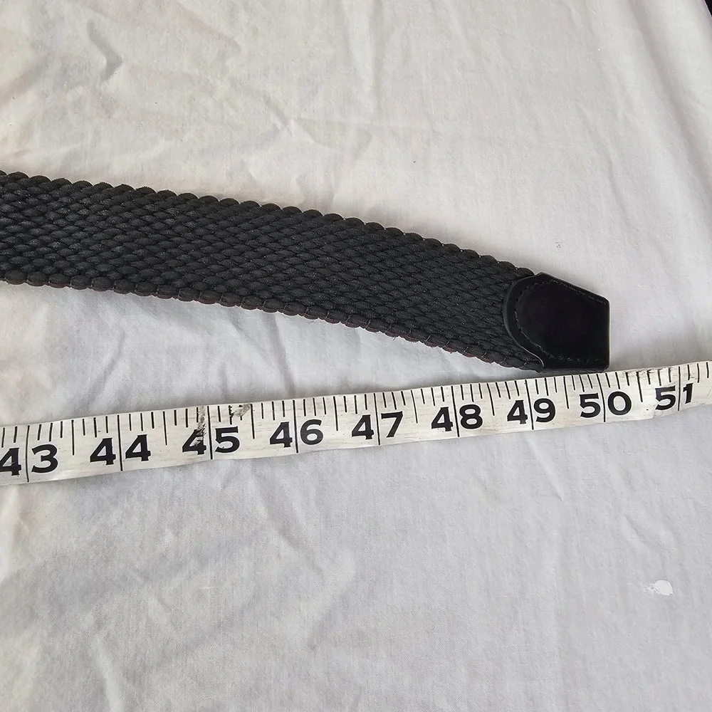 TOMMY BAHAMA Mens L XL Braided Cotton Woven Black Leather Trim Belt Silver Work